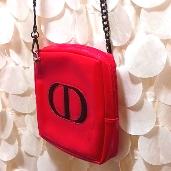 DIOR Crossbody RED w Chic Black Gunmetal Shoulder Chain converted CD Cosm. bag - Picture 13 of 16